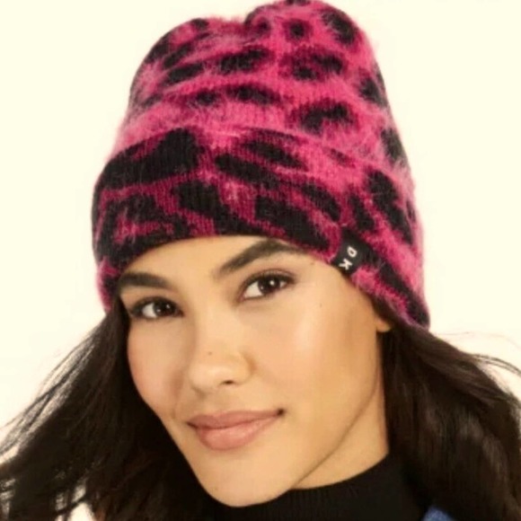 Dkny Accessories - DKNY Fuzzy Animal Print Beanie Fuchsia Pink Black
